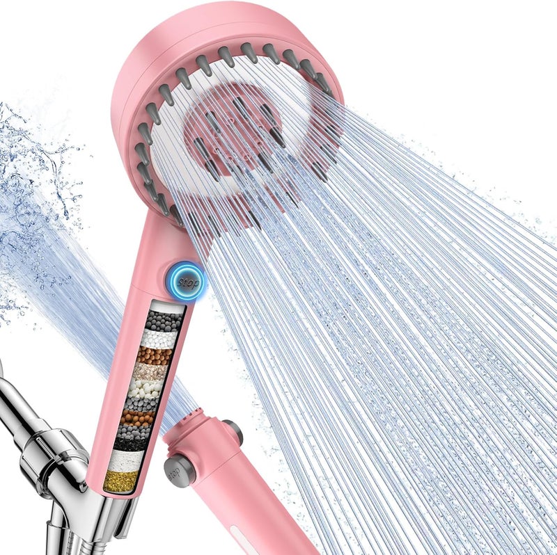 PWERAN Filtered Shower Head with Handheld, High Pressure 4 Spray Mode Showerhead with Filters, Water Softener Beads for Hard Water with ON/OFF Switch for Pets - Remove Chlorine (Pink, 5 Inch Panel) - Image 1
